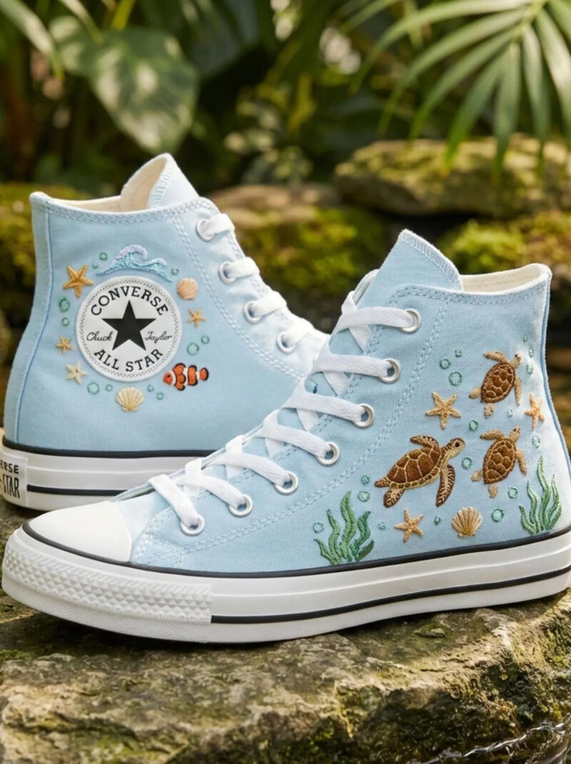 Hand Embroidered Turtle Converse, Custom Ocean Sneakers
